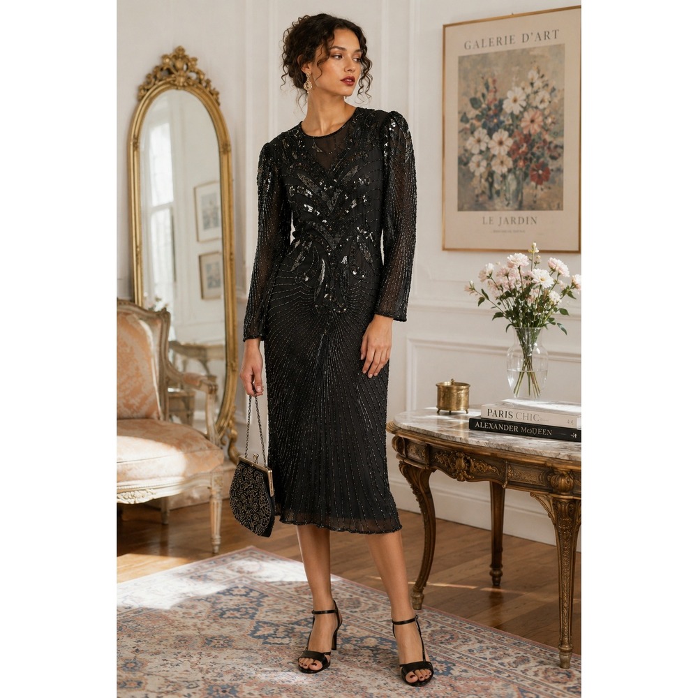 Stenay Womens VTG Sequin Beaded Silk Dress Size 10 80s Back LS Evening Gatsby